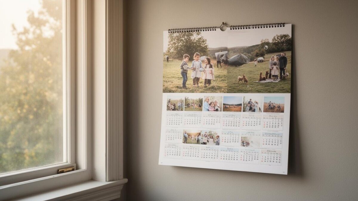 A wall calendar with photos on each page hanging beside a window